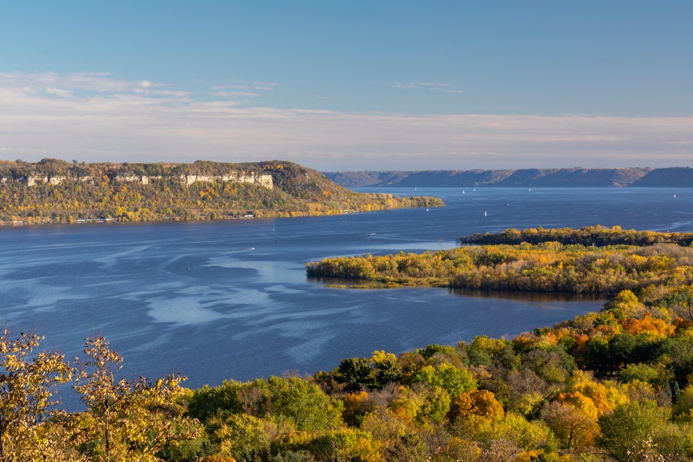 View of Minnesota fall colors over Lake Pepin from Frontenac State Park in Red Wing, MN