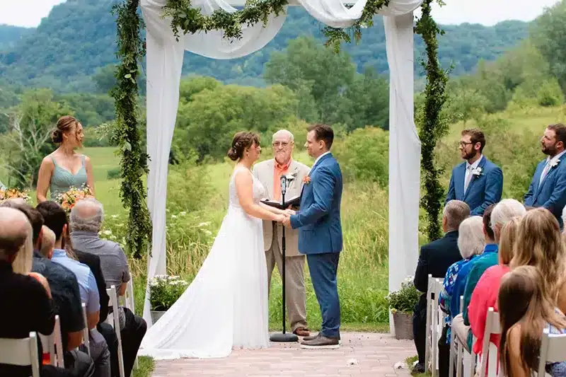 Ceremony at the round barn in Red Wing Minnesota. Wedding venue with great views and scenery in southeast Minnesota.