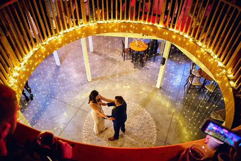 2 level first dance at the Best outdoor wedding venue in Minnesota