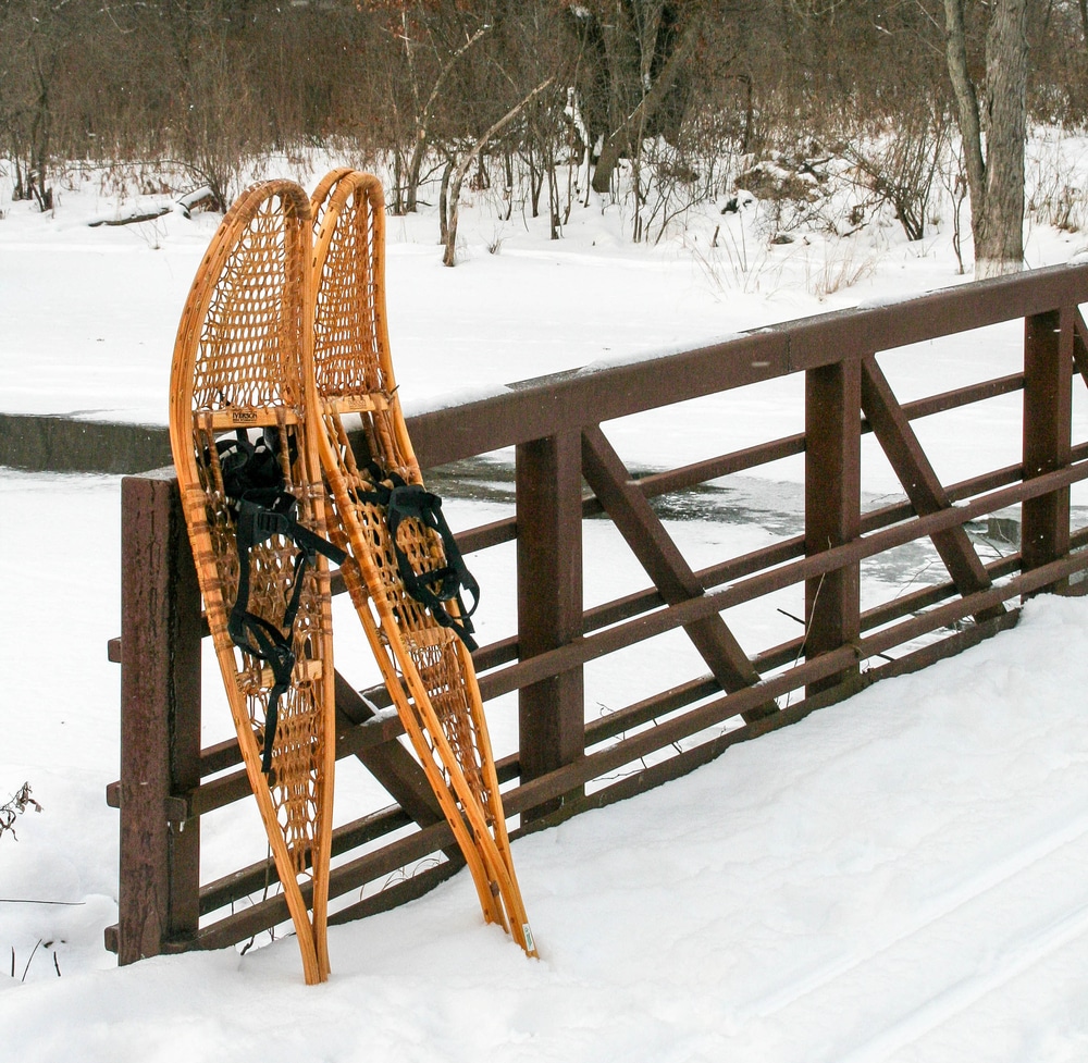 Snowshoeing at Frontenac State Park & More 1 snow shoes against a fence at Frontenac State Park in MN.