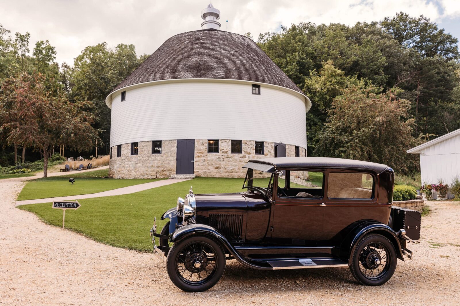 The Best Wedding Exit Ideas 1 One of the best wedding exit ideas? Leave in a classic car, as seen here in front of our historic round barn.