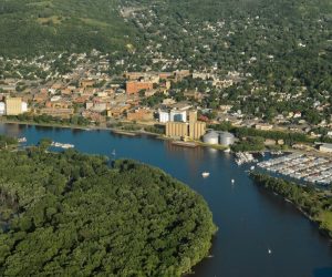 An aerial view of downtown, where you'll find a great option for rehearsal dinners at the St. James Hotel in Red Wing, MN